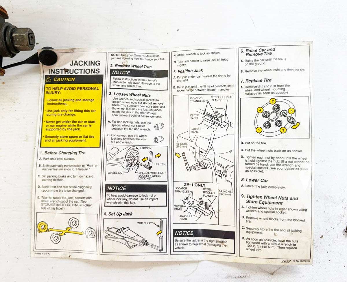94-96 Corvette Jack w/ Instruction Sheet 10230427 4C16 06128